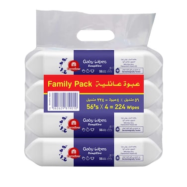 كارفور مناديل مبللة للأطفال للبشرة الحساسة 56 منديل حزمة من 4 - أبيض