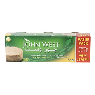John West Light Meat Tuna Solid in Sunflower Oil, 170g Pack of 3