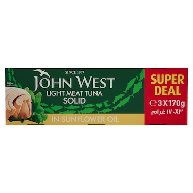 John West Light Meat Tuna Solid in Sunflower Oil, 170g, Pack of 3