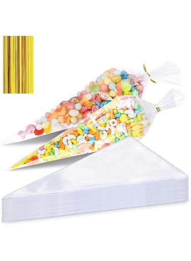 Excefore Sweet Cone Bags, 150pcs Cellophane Bags Sweet Bags with Twist Ties, Plastic Sweetie Cones Bags Clear Sweet Cone Bags and Ties for Snacks Popcorn Chocolates Candy Party(11.8&quot; X 6.3&quot;)