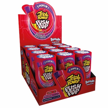 Bazooka Triple Power Push Pop Cherry, Watermelon, and Blackcurrant, 34g