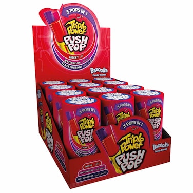 Bazooka Triple Power Push Pop Cherry Watermelon Blackcurrant Hard Candy, 34g, Pack of 12