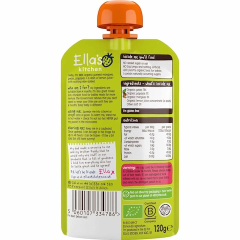 Ella&#39;s Kitchen Gluten Free Dairy Free Organic Super Smooth Mangoes, Pears and Papayas Puree Baby Food, 4 Months+, 120g