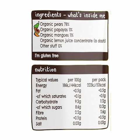 Ella&#39;s Kitchen Gluten Free Dairy Free Organic Super Smooth Mangoes, Pears and Papayas Puree Baby Food, 4 Months+, 120g