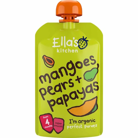 Ella&#39;s Kitchen Gluten Free Dairy Free Organic Super Smooth Mangoes, Pears and Papayas Puree Baby Food, 4 Months+, 120g