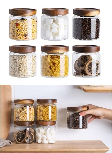 6Pcs 500ml Glass Storage Jar with Wooden Lid Airtight Storage Container Glass Food Storage Jar Kitchen Canisters for Coffee, Tea, Grains