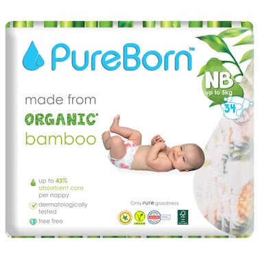 PureBorn Organic Bamboo Nappies Newborn Up to 5kg 34 Diapers