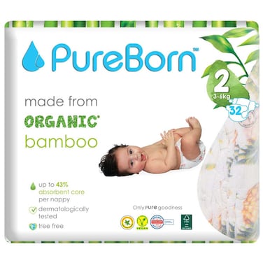 PureBorn Organic Bamboo Nappies Size 2 3-6kg 32 Diapers