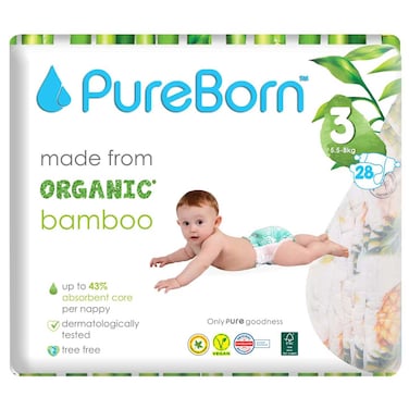 PureBorn Organic Bamboo Nappies Size 3 5.5-8kg 28 Diapers
