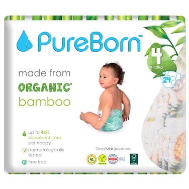 PureBorn Organic Bamboo Nappies Size 4 7-12kg 24 Diapers