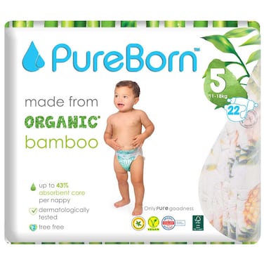 PureBorn Organic Bamboo Nappies Size 5 11-18kg 22 Diapers