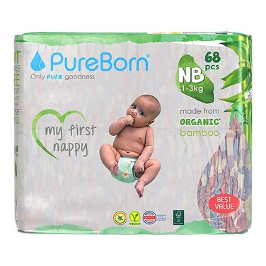 PureBorn Organic Bamboo Nappies Newborn Up to 5kg 68 Diapers