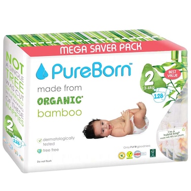 بيور بورن حفاض من الخيزران العضوي  مقاس 2، من 3 إلى 6 كغ ،حزمة قيمة ، 128 حفاض