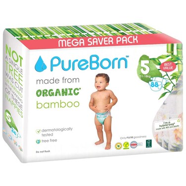 PureBorn Organic Bamboo Nappies Size 5 11-18kg Value Pack 88 Diapers