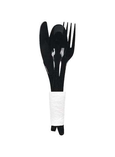 Plastic Cutlery Forks and Spoons &ndash; Disposable Plastic Cutlery Set Black [50 Set] 150 PCS of Plastic Cutlery [Spoon 50, Fork 50, Knives 50, Tissues 50] Utensils Plastic Heavy Duty BPI Certified