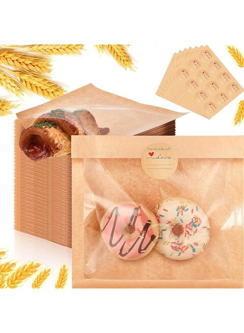 Tufexigo 100 Pcs Heat Sealable Bakery Bags with Window 7.1 x 7.5 Inch Grease Resistant Kraft Cookie Bags Pastry Bags with Paper Stickers for Packaging Donut Bread Cookie Goods Sandwich Baked Treat