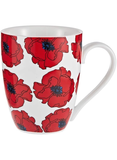 Symphony Poppies Mug Set Of 4, 300 Ml - White and Red