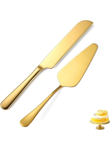 2Pcs Wedding Cake Cutting Set, stainless steel cake cutting set, elegant knife and shovel, dishwasher safe, for weddings, parties, birthdays, anniversaries and events (Gold）