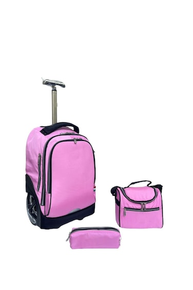 3-Piece Rolling School Set, 18-Inch Wheeled Backpack with Lunch Bag and Pencil Case, Pastel.PINK PLAIN