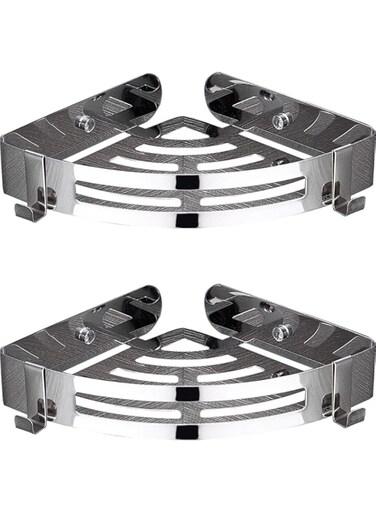 Multiply-X 2Pcs Rust-Proof Aluminum Alloy Anodised Bathroom Shower Caddy Corner Shelf Storage Basket Wall Mounted for Shower Holding Soap Shampoo Facial Cleanser (Silver)