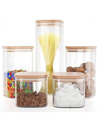 PICCASIO 𝐏𝐈𝐂𝐂𝐀𝐒𝐈𝐎 5 Pcs Glass Canister Sets with Bamboo Lids, Airtight High Borosilicate Containers, Multi Sizes Clear Jars for Tea, Coffee Beans, Spaghetti, Pasta, Cereal &amp; Herbs (square)