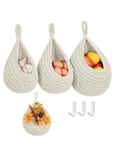 MostNow Hanging Baskets,3 Pcs Boho Wall Hanging Fruit Baskets for Kitchen,Woven Produce Holder with Strong Hooks Vegetable Hanging Basket for Organizing Teardrop Home Wall Potato Onion Storage (Beige)