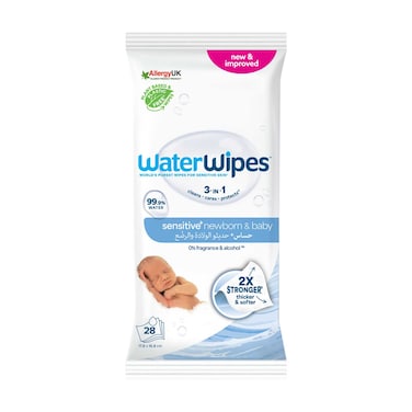 WaterWipes Sensitive+ Newborn &amp; Baby Wipes,  3-In-1 Cleans, Cares, Protects, 99.9% Water, Unscented, 28 Count