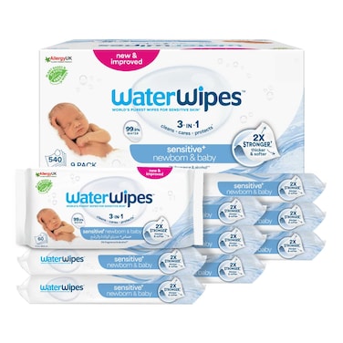 WaterWipes Sensitive+ Newborn &amp; Baby Wipes, 3-In-1 Cleans, Cares, Protects, 99.9% Water, Unscented, 540 Count