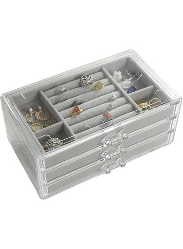 Sagreeny Acrylic Jewelry Boxes For Women With 3 Drawers Stackable Velvet Jewelry Organizer Holder for Earring Bangle Bracelet Necklace Ring Display Case Gift for Girls (Grey)