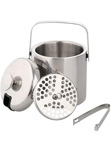 SKEIDO Stainless steel Ice Bucket Ice Cube Container Double Walled 1.3 Liter Ice Container with Tongs and Lid Ice Container