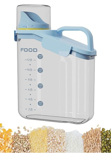 Cereal Storage Containers, 2L Dry Rice Holder, Food Dispenser with Measuring Cup, BPA Free Clear Plastic Kitchen Organization Bin (1800ML),White