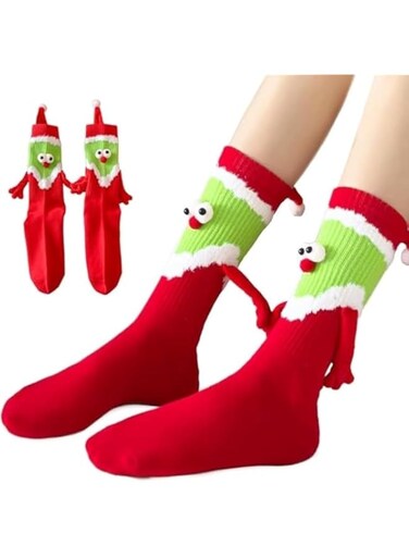 SANZEZ COOLive 1 Pair Christmas Hand in Hand Socks Magnetic Holding Hands Socks Funny Mid-Tube Socks Christmas Family Socks for Adult Kid