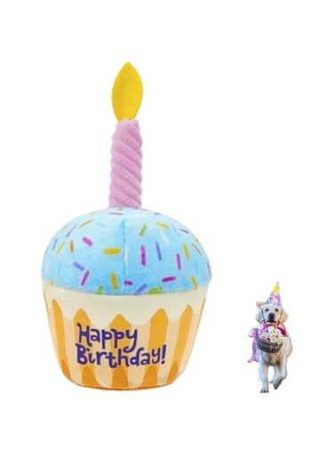 PETSARY Dog Happy Birthday Cake Shaped Toy - Dog Birthday Presents with Special Candle Design - Celebrate Your Pet Birthday with Squeaker Toy - Plush Gift Birthday Pup Cupcake Crinkle Toy (8-4 Inch)
