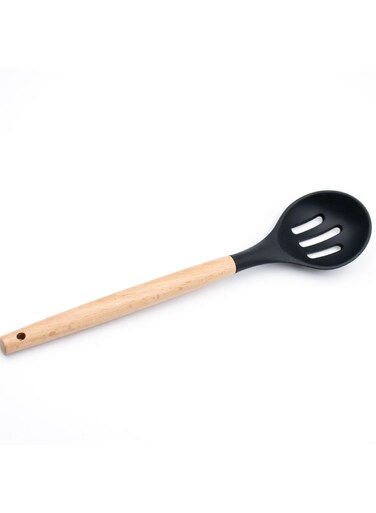 Silicone Slotted Spoon with Wooden Handle, Heat-Resistant, Non-Scratch Cooking Utensil for Stirring, Scooping, Mixing, and Serving, Durable and Versatile Kitchen Tool, Black