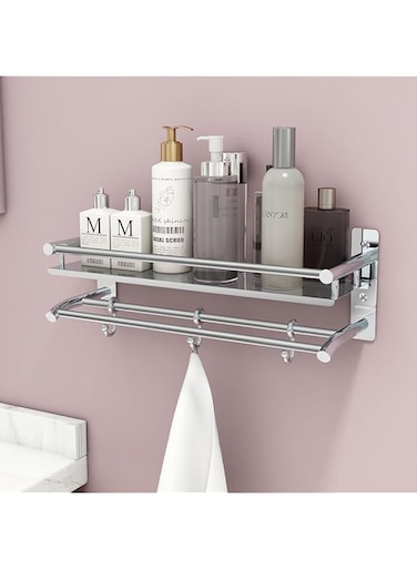 Plantex Stainless Steel Bathroom Shelf/Rack with Towel Holder/Towel Hooks/Bathroom Accessories Wall-Mount (Chrome Finish) (2-Tier)