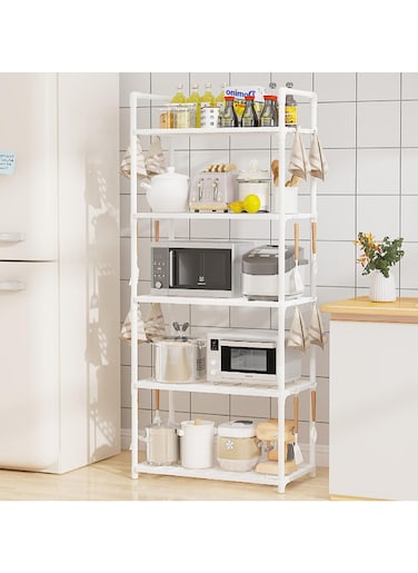 Kitchen Shelving Unit, Storage Shelves Organizer with Side Hooks, Storage Rack, Storage Organizer Shelves, Multifunctional Storage Rack Stand for Kitchen, Closet, Bathroom, Laundry - White