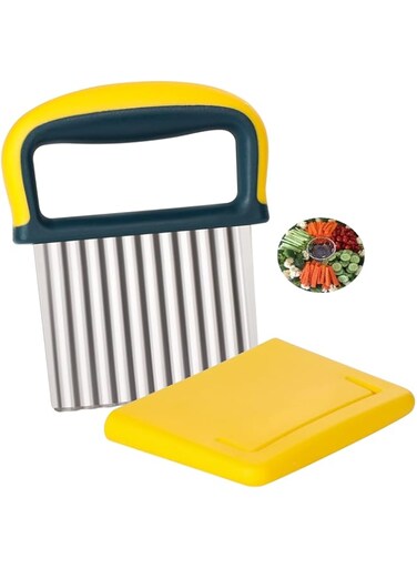 LAOJU Crinkle Slicer Potato Chipper Stainless Steel Potato Cutter Wavy Blade Chips Cutter French Fry Slicer Vegetable Chopper Fruit Slicer, Yellow