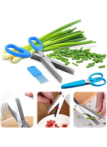 herb scissors, multi-functional five-blade kitchen scissors, scallion scissors, seaweed spice herb kitchen slicer, scallion scissors, chive scissors, for chopping cilantro, onions, salad dressing and garden herbs (includes scissor cap and brush)