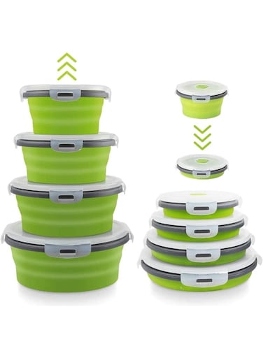 Collapsible Bowls for Camping &acirc;&euro;&ldquo; Set of 4 Silicone Food Storage Containers with Airtight Lids &acirc;&euro;&ldquo; Space-Saving RV Storage &amp; Organization, Kitchen Accessories for Travel &acirc;&euro;&ldquo; BPA Free, Microwavable, Freezer &amp; Dishwasher Safe &acirc;&euro;&ldquo; Green