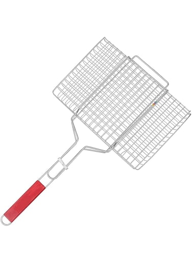 AKDC Barbeque Reversible Chromium Plated Grill with Wooden Handle   Folding Portable BBQ Grill Basket for Fish Chicken Meat Shrimp   Larger Grilling Area   Premium Quality Silver grill