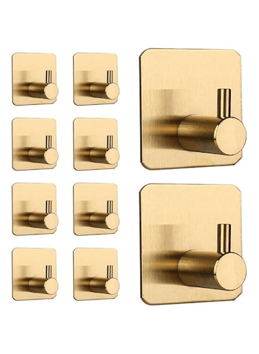 Self Adhesive Wall Hooks (Pack of 10) - 304 Stainless Steel, Waterproof &amp; Anti-Rust, Heavy Duty, Transparent &amp; Strong Suction, Nail-Free, Ideal for Bathroom, Kitchen, Bedroom, Coats, Towels (Gold)