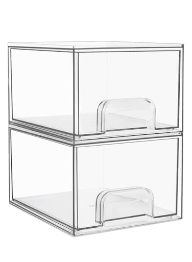 2 Pack Clear Stackable Storage Drawers 4.4 Inch Tall Acrylic Bathroom Makeup Organizer Plastic Storage Bins for Vanity Undersink Kitchen Cabinets Pantry Home Organization