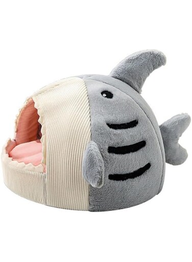 Cat Mat Shark-Shaped Kennel Kitten Bed Hideout House Warm Soft Comfortable Semi-Closed Cat Dog Nest (Grey, Small)