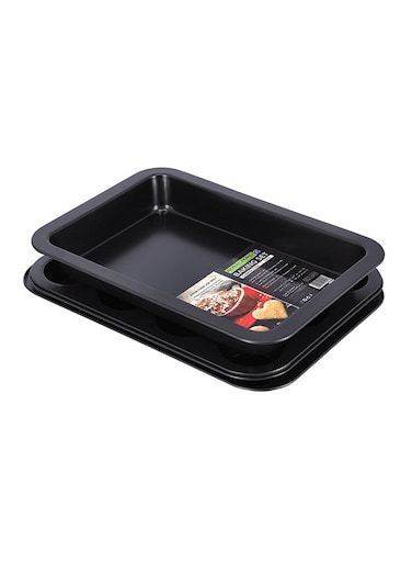 3-Piece Baking Set Cookie Sheet 1Pc Size: 37X25.5X1.6 Cm, Thickness: 0.4 Mm 12 Cups Muffin Pan 1Pc Size: 35X26.5X3 Cm, Thickness: 0.4 Mm Roaster Pan 1Pc Size: 34.5X24X4.5 Cm, Thickness: 0.5 Mm Black 37cm