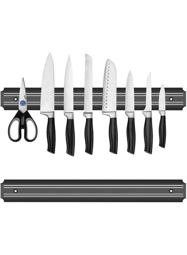 Ninonly 15 Inch Magnetic Knife Holder Set of 2, Black Powerful Magnetic Knife Strip for Wall Mount, Space-Saving Knife Rack with Screws for Kitchen Tools Utensils