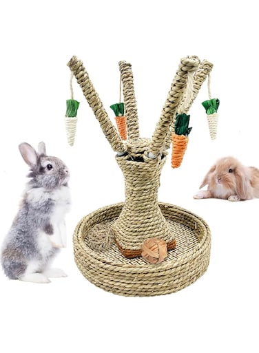 Hamiledyi Bunny Chew Toys Rabbit Rattan Grass Scratcher Climbing Tree Fun Tree Carrot Play Toys for Small Animal Guinea Pig Tooth Cleaning