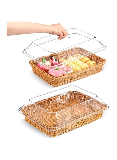Imitation Rattan Bread Basket Wicker Bread Basket for Serving with Acrylic Lid Woven Fruit Basket with Cover Food Vegetable Display Tabletop Restaurant Kitchen Rectangle, 1 Pack (13.78x9.84'')