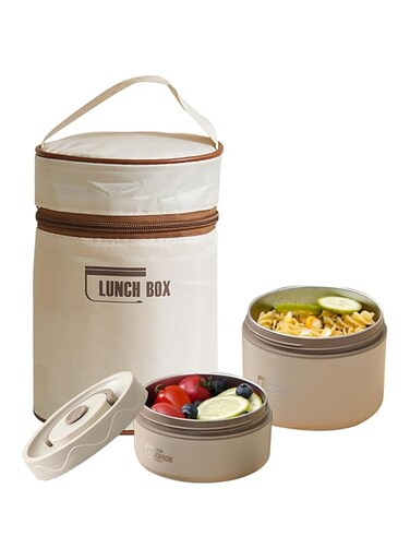 TAPIT Stainless Steel Thermal Bento Box Leakproof Lunch Box,Portable Insulated Lunch Container Set With Bag For Adults, Kids Stackable Stainless Steel Food Container (2 Layer beige,420ml+550ml)