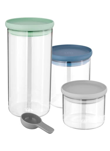 BergHOFF Leo 3Pc Glass Food Container Set, Measuring Spoon, Scratch Resistant, Dishwasher Safe, Green, Blue, Gray