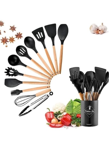 12Pcs Silicone Kitchen Cooking Spatula Set with Holder, Wooden Handle Heat Resistant Cookware Utensils Set, Non-Stick Kitchen Tools for Baking &amp; Cooking